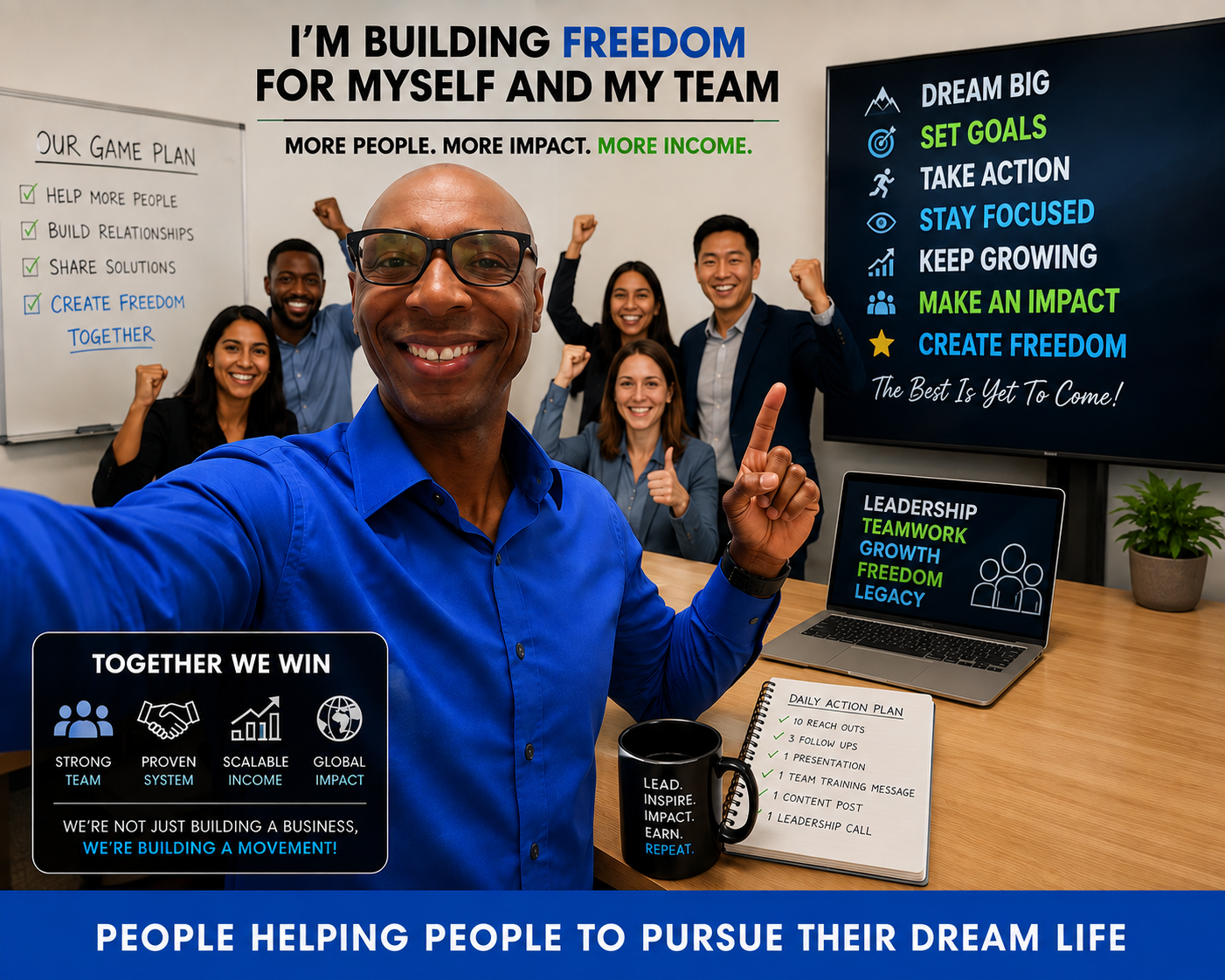Team-focused business leadership meeting centered on building freedom together