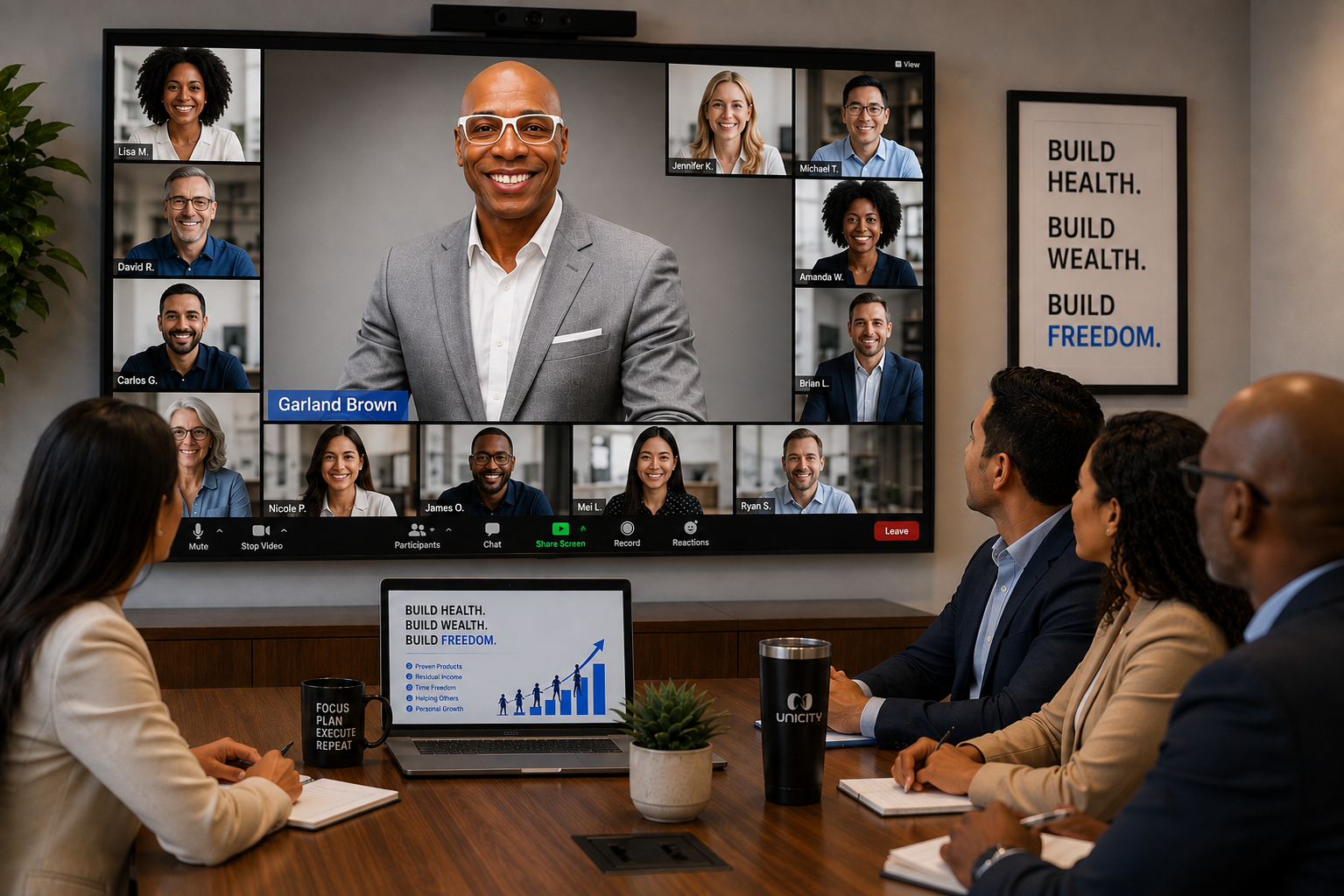 Hybrid team meeting with Garland Brown appearing on a video conference screen